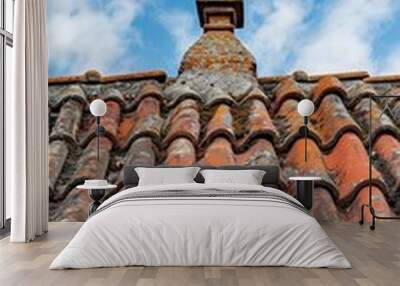 Close-up of Weathered Red Tile Roof with Chimney Wall mural