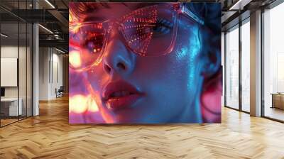 Close-Up Portrait of a Woman in Neon Lights Wall mural