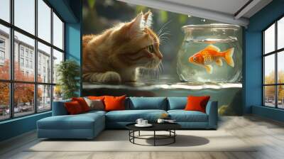 Curious Cat Gazing at a Goldfish in a Bowl Wall mural