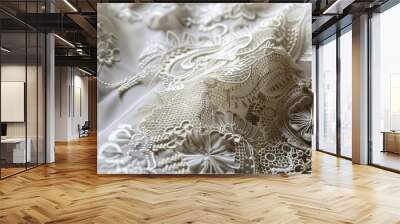 Delicate White Lace Fabric Texture with Floral Pattern Wall mural