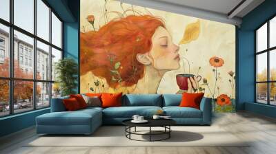 Dreamy Watercolor Portrait of a Woman Drinking Tea in a Field of Flowers Wall mural