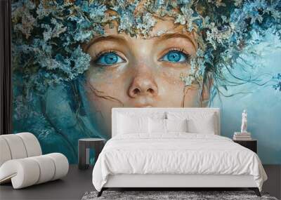 Enchanted Portrait: Woman with Floral Crown and Blue Eyes Wall mural