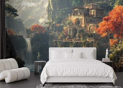 Fantasy Landscape with Waterfall and Ancient Ruins Wall mural