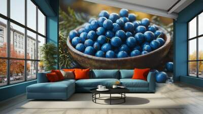 Fresh Blueberries in a Wooden Bowl: A Close-Up View Wall mural