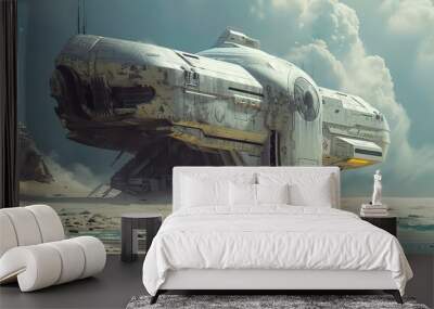 Futuristic Spaceship Landing on a Desert Planet Wall mural