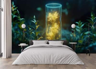 Glowing Flowers in a Glass Tube: A Surreal Nature Scene Wall mural