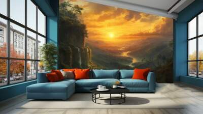 Golden Hour Landscape: River, Mountains, and Waterfall Wall mural