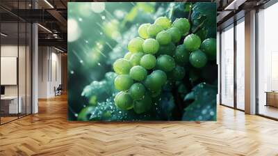 Green Grapes in the Rain: A Close-Up View Wall mural