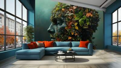 Human Face Covered in Lush Greenery: A Surreal Nature Art Wall mural