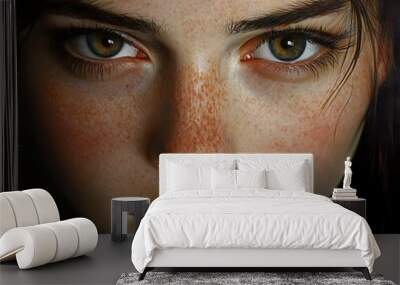 Intense Gaze: A Close-Up Portrait of a Woman with Green Eyes Wall mural