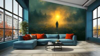 Mysterious Figure in a Foggy Forest at Sunset Wall mural