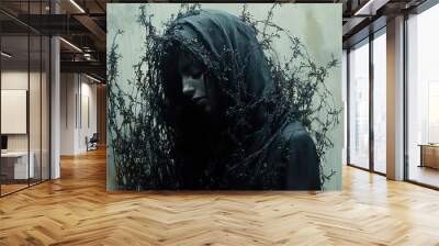 Mysterious Woman in a Dark Hood Surrounded by Branches Wall mural