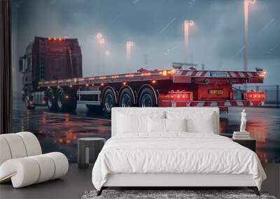 Red Semi-Trailer Truck Driving on Wet Road at Night Wall mural