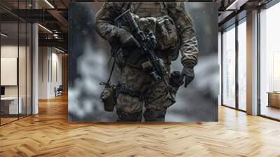 Soldier in Camouflage Walking Through Snow Wall mural