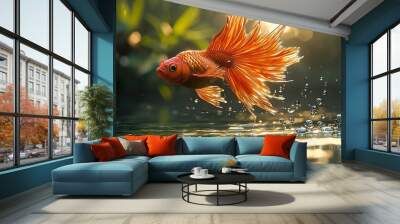 Stunning Goldfish Leaping Through Water Wall mural