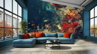 Surreal Underwater Scene with Goldfish and Coral Wall mural