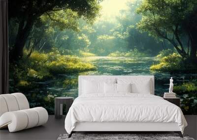 Tranquil Forest Lake: A Serene Landscape Painting Wall mural