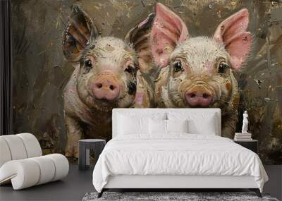 Two Adorable Piglets in a Painting: A Close-Up Portrait Wall mural