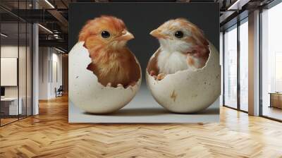 Two Baby Chicks Hatching From Eggshells Wall mural