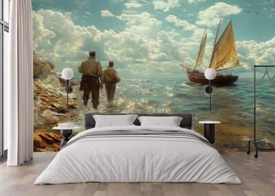 Two Figures Walking Towards a Sailboat on the Horizon Wall mural