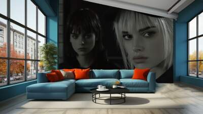 Two Women in Black and White: A Fashion Portrait Wall mural