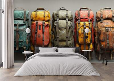 Vintage Backpacks: A Still Life of Adventure Wall mural