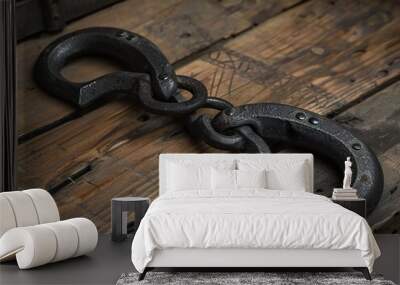 Vintage Forged Iron Chains on Wooden Surface Wall mural