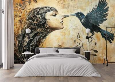 Woman and Crow: A Surreal Portrait in Gold and Black Wall mural