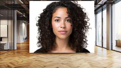 Close up portrait of a smiling woman with curly black hair, isolated on transparent background Wall mural