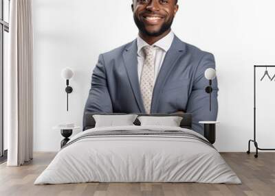 Confident smiling African-American businessman in suit, standing arms crossed, isolated on transparent background Wall mural