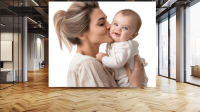 Happy mom kisses a cute baby isolated on transparent background Wall mural