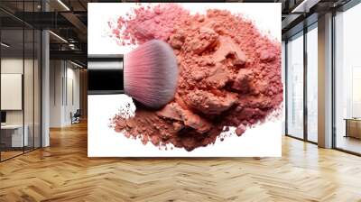 Make up brush and powder, close up pink powder blowing from brush make up, isolated on transparent background Wall mural