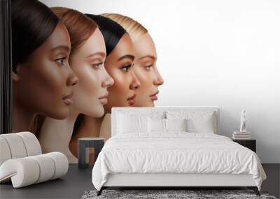 Multicultural diverse women with different nationalities and cultures, beauty skin concept side view, isolated on transparent background Wall mural