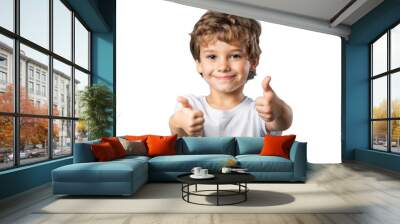 Portrait of a smiling and excited boy showing thumbs up, isolated on transparent background Wall mural