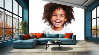 Portrait of a smiling little child wearing white shirt, happy kid laughing, isolated on transparent background Wall mural