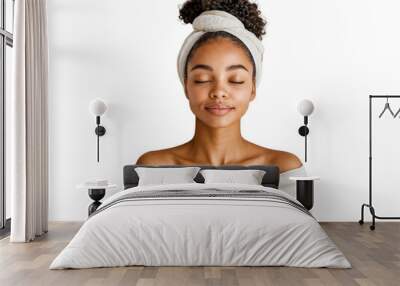 Portrait of a young African American woman wearing a towel and with her eyes closed. Cosmetology, beauty, and spa concepts, isolated on transparent background Wall mural