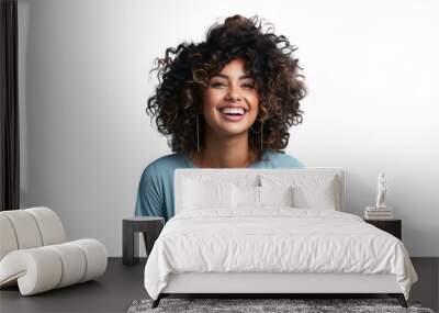 Portrait of happy African American woman smiling and laughing with afro hair, isolated on transparent background Wall mural