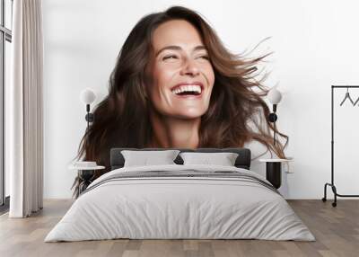 Portrait of happy mature woman with long brown hair smiling and laughing, isolated on transparent cut out Wall mural