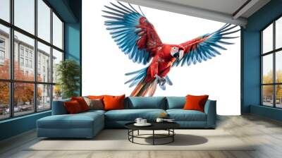 Red winged macaw flying isolated on transparent background Wall mural