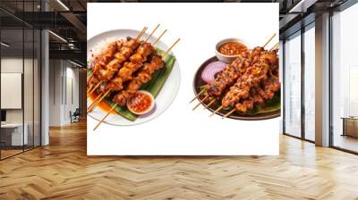 Set of chicken and pork satay isolated on white background Wall mural