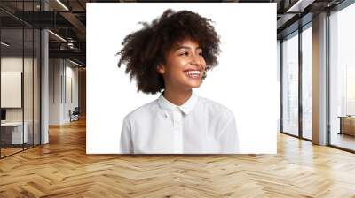 Smiling African woman looking to the left sideways, isolated on a transparent background Wall mural