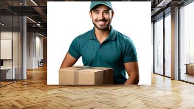 Smiling delivery man worker in cap holding a parcel for customer, isolated on transparent background Wall mural