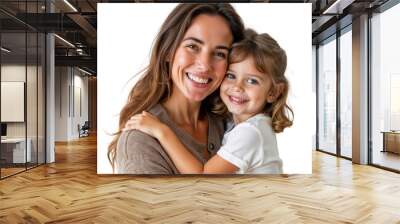 Smiling mother hugging and having fun with her daughter, family relationship and motherhood concept, isolated on transparent background Wall mural