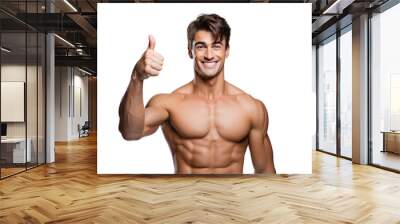 Smiling muscular man flexing his perfect body and biceps muscle, showing thumbs up sign, isolated on transparent background Wall mural