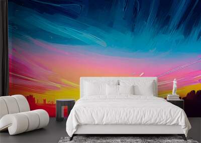 Sunset view in the middle of the road. Watercolor wallpaper design with paint brush and purple line art Wall mural