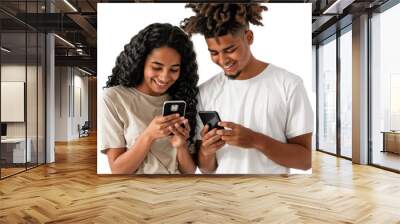 Two young couples smiling and using a mobile phone together, isolated on transparent background Wall mural