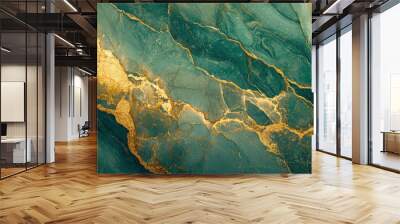 A close-up of a green and gold marbled texture, showcasing natural stone patterns. Wall mural