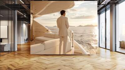 man in white suit standing on the yacht watching the sea Wall mural