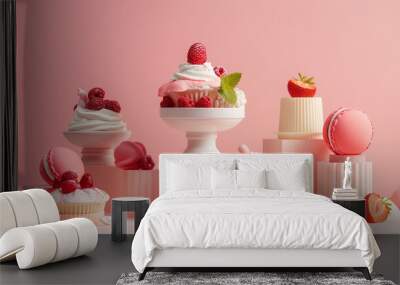 dessert set , strawberry cake with cream, pink background, food stylish Wall mural