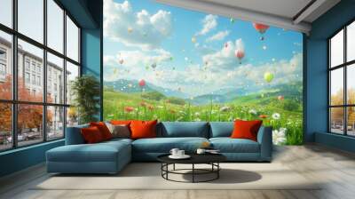 full of Beautiful colorful balloon in the blue sky ,hill and valley landscape Wall mural